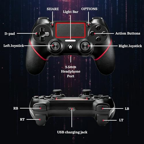 Wireless Controller for Ps4 Controller Compatible with PS4/Slim/Pro/Windows PC,with Touchpad/Vib-ration/Built-in Speaker&3.5mm Headphone Jack/Six-axis Motion Control/USB-C Charging Cable (BLACK RED) - color: Red Black