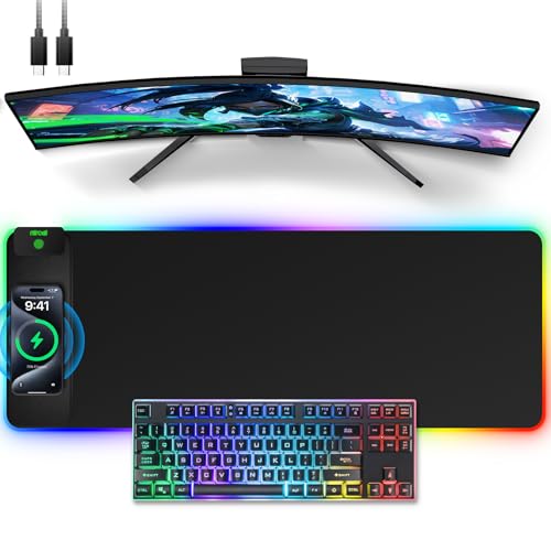 Wireless Charging Mouse Pad, 31.5"x11.81" XL Gaming Mousepad with 11 RGB Colors & 5 Lighting Modes, Home Office Large Desk Pad, Ultra-Smooth Surface, Non-Slip, Waterproof Keyboard Pad Black Desk Mat - color: 31.5x11.81"-Black Left Upgraded