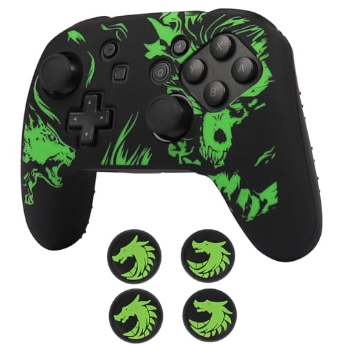 Wolf Controller Skin Cover for NS Switch Pro Controller, RALAN 1 controller skin+4 Customised Thumb Grips Caps Accessories - color: Wolf Green