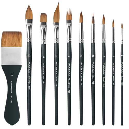 Fuumuui Watercolor Brush Set, 10Pcs Professional Soft Synthetic Hair Paint Brushes - Wide Flat, Dagger, Cat's Tongue, Extended Needle, Round, Grainer for Watercolor Gouache Inks Painting - color: Black10