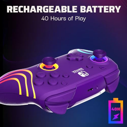 PDP Afterglow Wave Wireless Nintendo Switch Pro Controller with Motion Controls, Fully Licensed for Switch/OLED, Customizable LED Lighting, 30 Foot Range, 20 Hour Rechargeable Battery Power: Purple (Renewed)