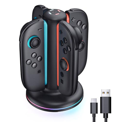 Mumba Magnetic Charging Station Compatible with Nintendo Switch 2, 4-in-1 Fast Charging Dock for Joy-Con Controllers, Dual-Direction Design with 9 RGB Lights, Overcharge Protection & USB-C Cable