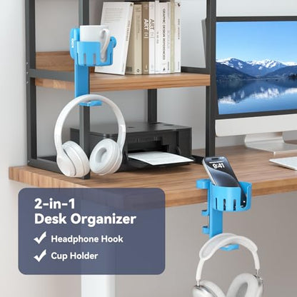 KDD 2 in 1 Headphone Hanger with Desk Cup Holder - Under Desk Clamp Rotatable Headset Holder - Suitable for Coffee Mups, Water Cups, Headphone(Blue)