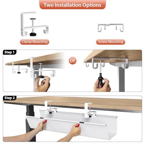 Univivi No Drill Under Desk Cable Management Tray, 28 inch Cable Management | Clamp/Screw Mount Cable Management Desk, Premium Fabric Cable Management Box, Various Sizes Wire Management for Office, Home - color: White, size: 28"L x 5.5"W