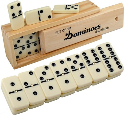 Doublefan Dominoes for Adults, Double 6 Domino Set 28 Tiles in Wood Case | Portable Travel wood case,28 Domino tiles, metal spinners, , for 2-4 players,family game, board game, Parent Gift choice - style: Standard