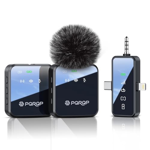 PQRQP 3 in 1 Wireless Lavalier Microphone for iPhone Android & Camera, Mini Clip-On Mic for Video Recording TikTok YouTube Interview, Noise Cancelling, 328ft Range, 18H Battery - color: Ebony Black