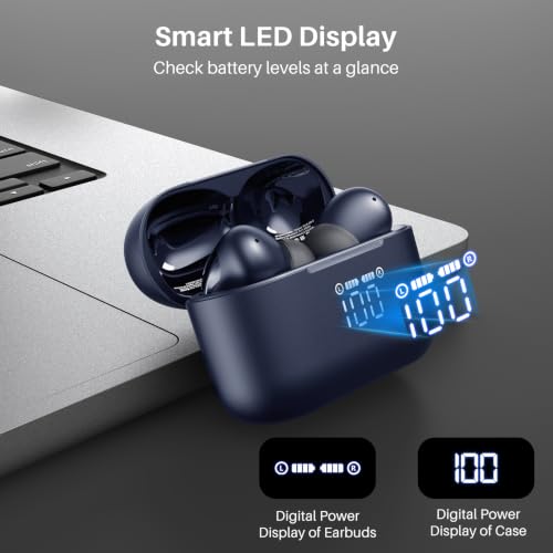 TOZO T20 Wireless Earbuds 97H Playtime, Wireless Charging LED Display Case | 10mm Deep Bass Sound, Dual Mic ENC Clear Calls, IPX8 Waterproof, Bluetooth 5.3, Comfortable Fit Ear Buds For Daily Use, Blue - color: Blue