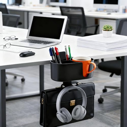 4-in-1 Desk Organizer Cup Holder Clamp-on Under Desk Office Home Storage | Carbon steel hook holds 11lb.Detachable storage box.Frees up desk space.Holds cup/headset/bag/phone/pen/stationery.No tools.