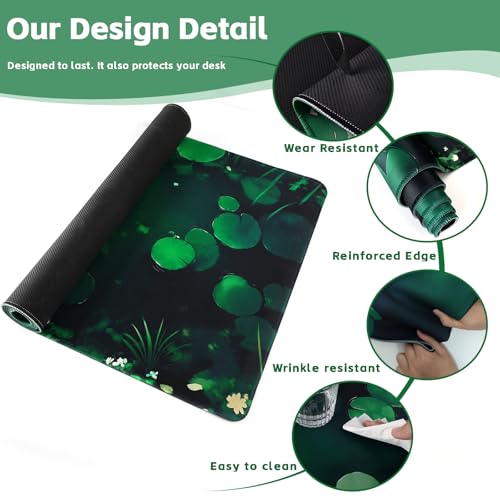 Baziabbo Green Desk Mat,XXL Extended Big Mouse Pad,Gaming Mousepad with Stitched Edge,Non-Slip Rubber Base Keyboard Desk Pad for Home Office Study Game - color: Pond Lotus Leaf