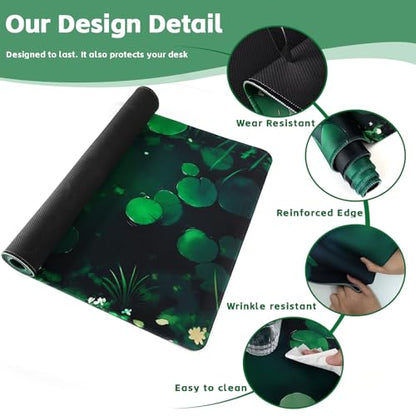Baziabbo Green Desk Mat,XXL Extended Big Mouse Pad,Gaming Mousepad with Stitched Edge,Non-Slip Rubber Base Keyboard Desk Pad for Home Office Study Game - color: Pond Lotus Leaf