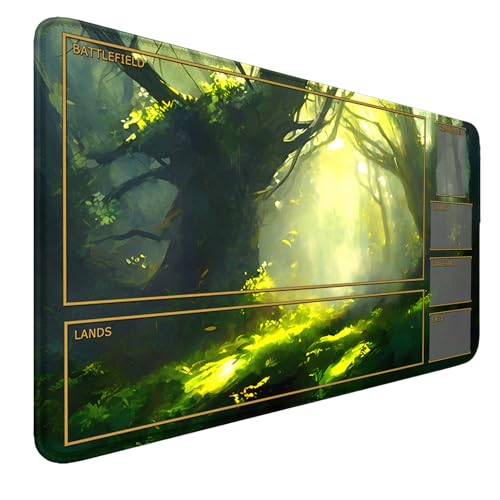 MTG MATS, 24" x 14" Forest TCG DND Playmats Stitched Edges for Trading Card Smooth Rubber Surface Anti-Slip Mouse Pad with Storage Bag Thickened 3mm for Magic Playmat Gaming Mat - color: Forest, size: Playmat With Zones
