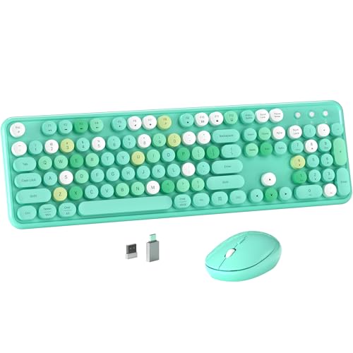 MPTOG Colorful Wireless Computer Keyboard and Mouse Combo (Green-Colorful) | Retro Round Typewriter Keycaps, Power Switch, Ergonomic Design, 2.4GHz Wireless for Windows, Mac, PC - color: Green-Colorful