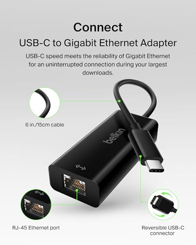 Belkin USB-C to Ethernet Adapter, Gigabit Ethernet Port Compatible w/ USB-C Devices, USB-C to Ethernet Cable for MacBook Pro & Dell XPS 13” Laptops, Ethernet USB-C Hub, Ethernet USB-C Adapter - Black | 1000Mbps wired network adapter, MacBook, Chromebook,