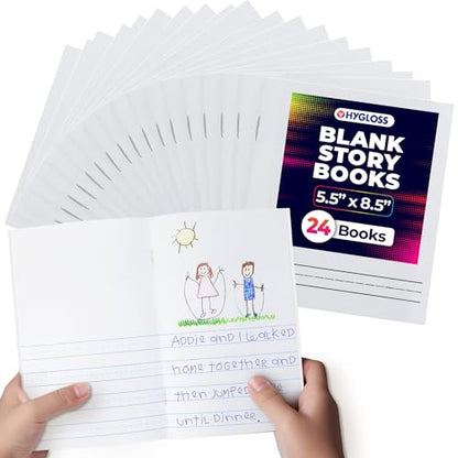 Hygloss Half Blank Books for Kids to Write Stories & Illustrate – Bulk 24 Pack – 5.5" x 8.5" A5 – Primary Journal for Grades K-2, Preschool/Kindergarten Notebook with Picture Space – 24 Pages, White - color: White, style: 24 Books