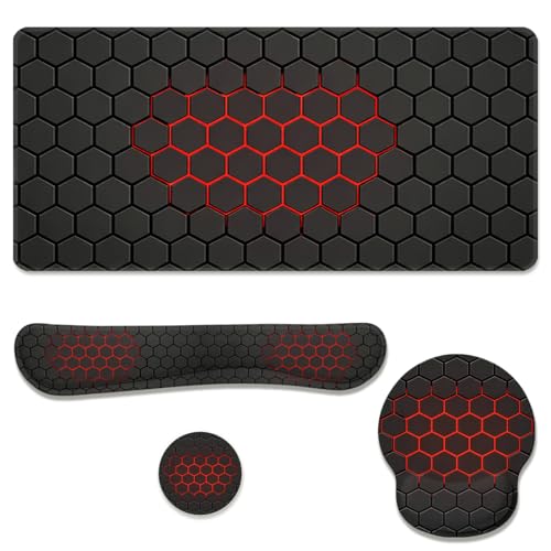 Red Hexagon Desk Mat Set Dark Gaming Tech Grid Mouse Pad with Wrist Rest 4in1 Desk Mat for Desktop Ergonomic Keyboard Wrist Support Anti-Slip Computer Ergonomic Mouse Pad Home Office Gaming - color: Red Hexagon