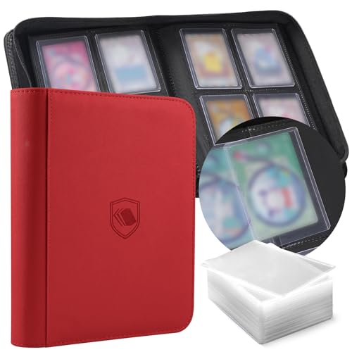 Toploader Binder, Holds 160 Toploaders, 100 Toploaders INCLUDED, 4-Pocket PU Cover Top Loader Binder for 3" x 4" Rigid Toploader, Ringless Double-Sided Toploader Card Binder for TCG, Sport Cards - color: Red, size: 4 Pocket