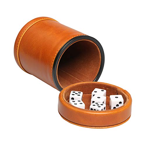 Leatherette Dice Cup with Lid Includes 6 Dices, Velvet Interior Quiet in Shaking for Liars Dice Farkle Yahtzee Board Games, Brown - color: Brown-1