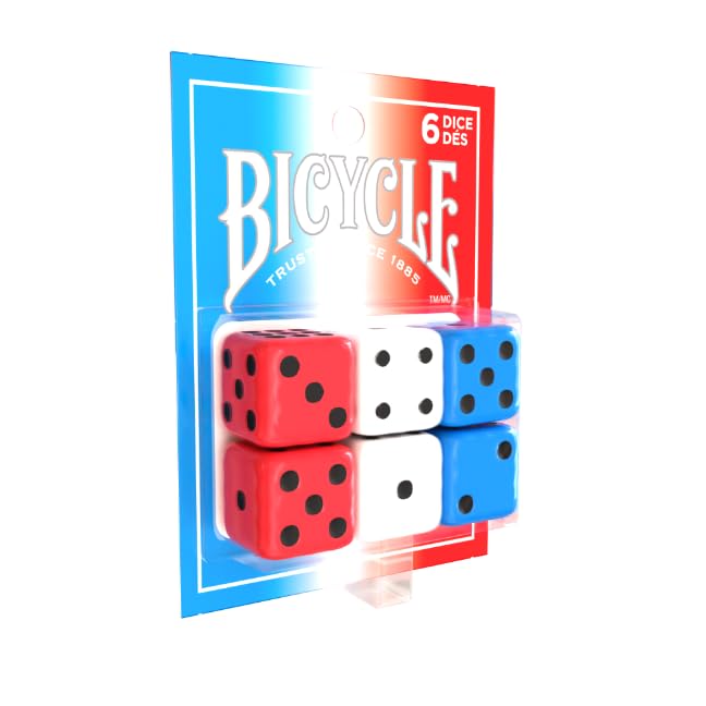 Bicycle 6X Dice Set, Six Sided D6 Dice, Red, White, Blue, 16 mm | 6 six sided D6 dice, 16 mm standard size, Ideal weight for fair play, Perfect for dice-based games and learning