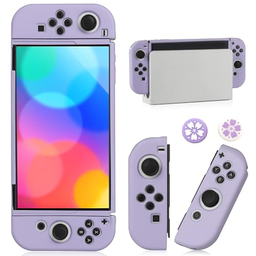 Switch OLED Case for Nintendo Switch OLED Model, Dockable Cover Soft TPU Protector Case for Switch OLED Grips & Console and Accessories with 2 Pcs Thumb Caps, Purple - color: Purple