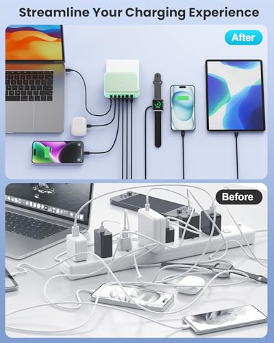 USB C Charger 200W USB C Charging Block,6 Ports GaN IV Foldable Wall Charger,QC4.0 Fast Charging Station Hub,PD 65W Laptop Charger for MacBook Pro/Air,Dell,iPhone 16/15,iPad,Galaxy,Steam Deck (Green)