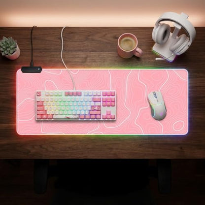 Pink RGB Mouse Pad LED Desk Mat Large Gaming Mousepad Pink and White Line Design, Keyboard Pad XL Mouse Mat for Home and Office - color: Pink With White Topographic Line