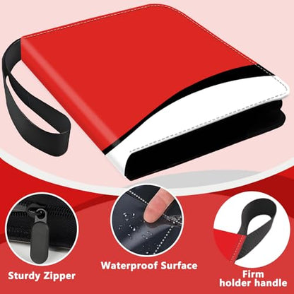 4 Pocket Trading Card Binder, Holds 400 Cards, PU Zipper Binder | PU leather cover, holds 400 cards, 50 removable pages, zipper closure, portable storage and protection. - color: Red, black and white