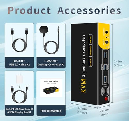DP HDMI KVM Switch 2 Monitors 2 Computers Display Port | 8K@60HZ, USB3.0 with 1 USB C, DP and HDMI KVM Switches - size: 2 PC 2 Monitor-8K Yell