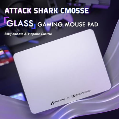 Attack Shark CM05SE Glass Gaming Mousepad,Nano-Micro-Etched Texture,Smooth Glass Surface,High Accuracy,Fast-Moving,Anti-Scratch, PU Leather Super Non-Slip Base,Small Size(16.1×12.2"),White - color: White, size: 16.1L x 12.2W inches