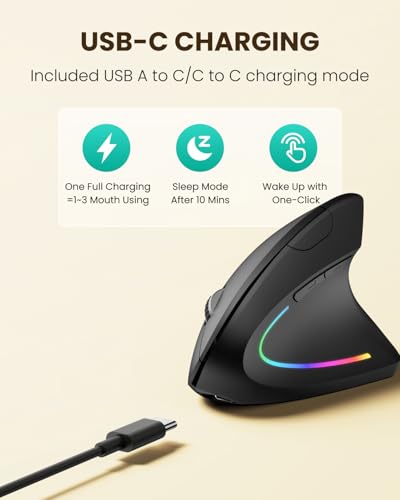 POJTK Ergonomic Wireless Rechargeable Mouse, Bluetooth+USB A+Type C(3 in 1) Connection, 5 Levels Up to 4800 DPI, 6 Silent Buttons, 2.4GHz Carpal Tunnel Vertical Mice, for Laptop, Desktop,MacBook-black
