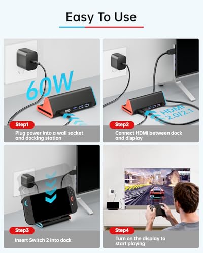 Switch 2 Dock with 60W Charger & HDMI Cable, 4K Portable Docking Station for Nintendo Switch2 Console, Travel TV Connector Stand Base, USB-C Charging Cable, AC Adapter Power Cord, Game Accessories Set