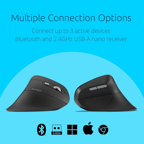 Kensington MY630 EQ Wireless Rechargeable Mouse, Ergonomic Vertical Design, Bluetooth LE, 2.4GHz, Black (K72484NA) | Ergonomic vertical design, Bluetooth LE and 2.4GHz connection, rechargeable battery - size: Full-Size