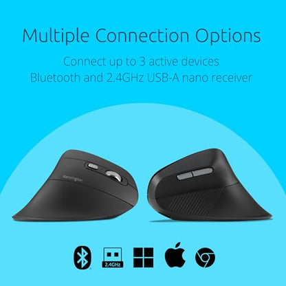 Kensington MY630 EQ Wireless Rechargeable Mouse, Ergonomic Vertical Design, Bluetooth LE, 2.4GHz, Black (K72484NA) | Ergonomic vertical design, Bluetooth LE and 2.4GHz connection, rechargeable battery - size: Full-Size