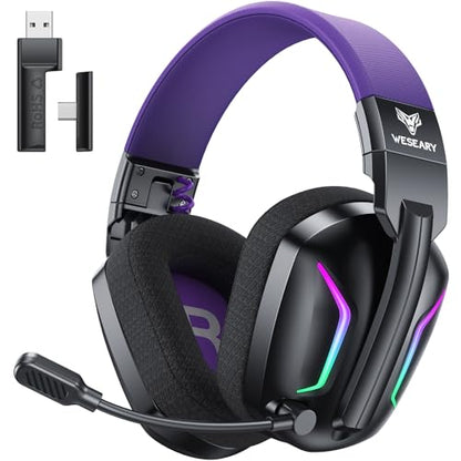 WESEARY Wireless Gaming Headset for PS5, PS4, PC, Switch & Mac| 2.4GHz USB | Bluetooth 5.4 Gaming Headphones with Mic, 20ms Ultra-Low Latency, 50H Battery Life, 3D Spatial Audio, Dynamic Lighting - color: Soft Purple