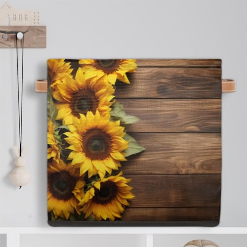 13x13 Inch Storage Basket Bin Sunflower On Wooden Board Polyester Cloth Storage Cube Box Toys Clothes Towels Organizer for Kids Room Bedroom Shelves Pantry