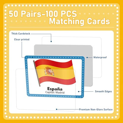 gisgfim 100 PCS Juego de Memoria de Banderas del Mundo en español para niños y adultos Flags of the World Memory Matching Games in Spanish Educational Matching Game Fun Fast Memory Game Gift Learning - style: Flags of the World in Spanish