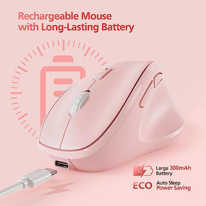 Micropack Wireless Bluetooth Mouse Ergonomic Vertical for Laptop MacBook PC Tablet Rechargeable Silent Click Multi-Device 3-Mode 2.4G Adjustable DPI Compatible with Windows Android iOS MacOS Pink - color: Pink, size: Rechargeable 3-Mode