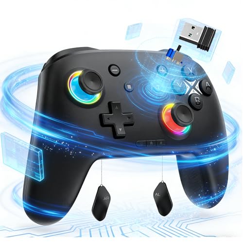 Switch Controller, Wireless Bluetooth Controller for Nintendo Switch 2/Switch/Lite/OLED, game controllers Compatible with iPhone/Mac/iPad/iOS/Android/Phone/PC/Steam and TV with Rotary Motors, RGB Hall Effect Joysticks/Macro Back Buttons/Turbo Modes/6-Axis