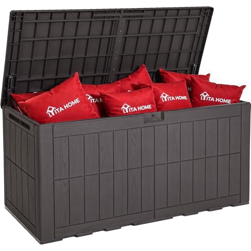 YITAHOME 134 Gallon Large Outdoor Storage Box with Lock | Waterproof Deck Box with Hydraulic Piston for Garden Tools, Pool Accessories & Cushions, Resin Deck Organizer with Bench Seat - color: Dark Brown, size: 134 Gallon, style: Deck Box