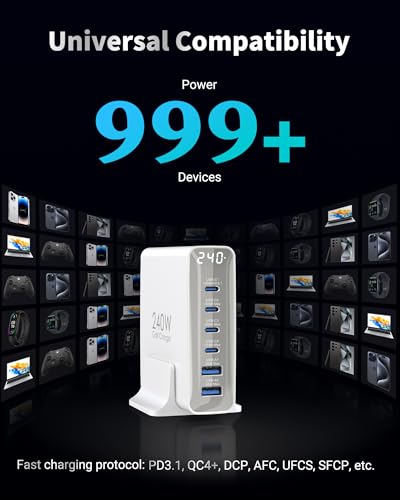 TOPADRE 240W USB C Charger with Display,6 Ports Charging Station | Laptop GaN Desktop Charger,140W Fast Charging Block for MacBook, iPad, iPhone 17/16, Galaxy S25/S24, Dell XPS and More - color: White