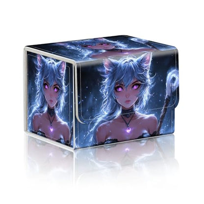 Trading Card Storage Box, Holds 100+ for MTG Cards, PU Leather with Magnetic Closure, Blue Cat Girl Mage Fantasy Durable Deck Box for Magic the Gathering, Trading Card Games - color: Blue Cat Girl Mage Fantasy
