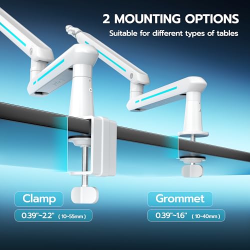 ARES WING Aluminum Low Profile Mic Arm with 4.4 lbs Load Capacity, Adjustable Microphone Boom Arm with 3/8” to 5/8” Screw Adapter, Desk Mount Mic Stand for Gaming Streaming Podcasting, White - color: White