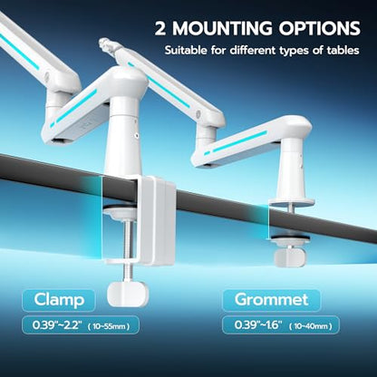 ARES WING Aluminum Low Profile Mic Arm with 4.4 lbs Load Capacity, Adjustable Microphone Boom Arm with 3/8” to 5/8” Screw Adapter, Desk Mount Mic Stand for Gaming Streaming Podcasting, White - color: White