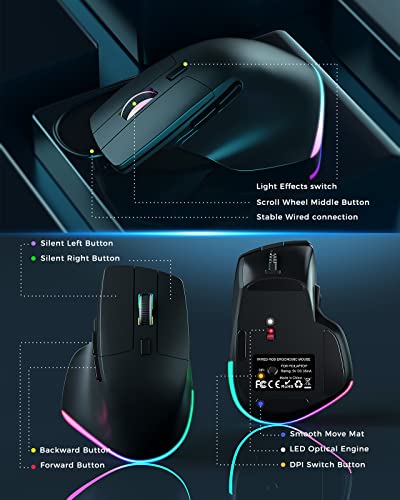 Wired RGB Mouse for Laptop, Ergonomic Computer Mouse, Quiet Click, 4-Level DPI, 7 Buttons, LED Light with Thumb Rest Mouse Compatible for PC/Desktop/Notebook/MAC/Gamer(for Right Hand, Large), Black