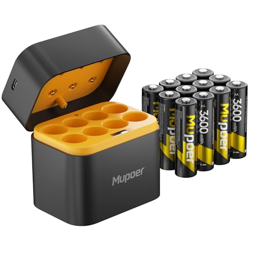 Mupoer Rechargeable AA Lithium Batteries with Charger,3600mWh 12 Pack 1.5V Blink Batteries Lithium AA,Double A Battery Rechargeable,Long Lasting Pilas Recargables Lithium ion AA Battery for Xbox - size: 3600mWh 12AA
