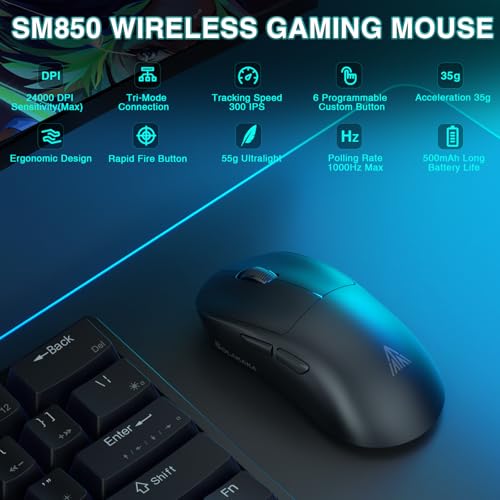 SOLAKAKA SM850 Gaming Mouse Wireless, 24000 DPI, 55g Lightweight Mouse Gaming, 6 Programmable Buttons, Ergonomic Computer Mouse, Tri-Mode BT5.1/2.4G/USB-C 250h Battery Life PC Gamer Mice for Laptop - color: Black, style: NO-RGB SM850
