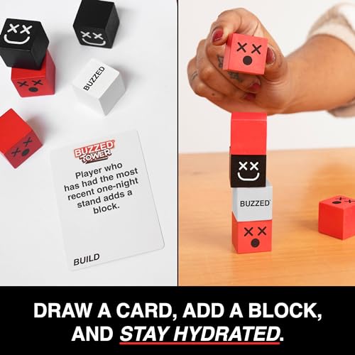 WHAT DO YOU MEME? Buzzed Tower: The Stack-and-Sip Drinking Card Game for Adults – Includes 30 Blocks, 80 Cards, and Big Laughs for Parties, Game Night, and Epic Bachelor Party Celebrations - style: Buzzed Tower