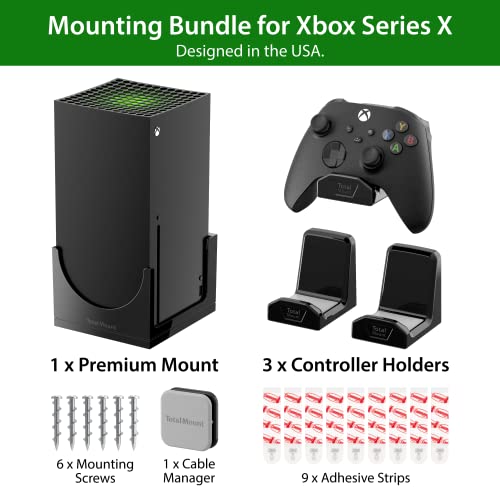 TotalMount for Xbox Series X – Pro Bundle (Mount and 3 Controller Holders) | Designed in USA – Wall Mount Secures Each Side to Prevent Falls – Damper Minimizes Fan Rattling During Gaming - size: Large Bundle: Wall Mount and 3 Controller Holders