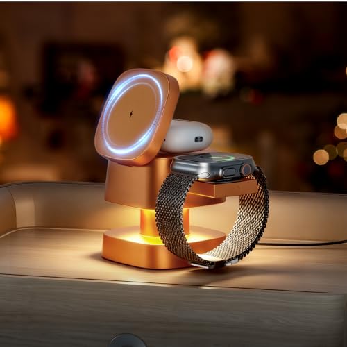 4 in 1 Charging Station for Apple Devices, 3 in 1 Wireless Charger Stand with Night Light for iPhone 17/16/15/14/13/12 Pro Max, Watch AirPods, 15W MagSafe Magnetic Charging for Bedroom Office (Orange) - color: Orange