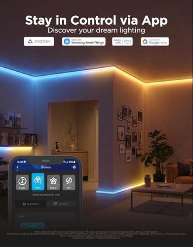 Govee RGBIC LED Strip Lights 16.4ft with Covers,Smart Control, APP, WiFi | Work with Alexa, Google Assistant, Matter, Smarthings, Diffuser Channel with LED Lights for Bedroom, Skirting Lines, Cabinet - size: 16.4ft