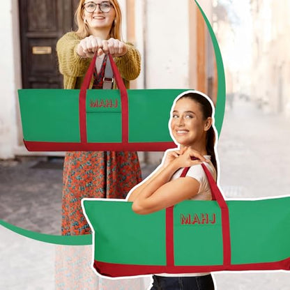 Mahjong Bag for Tiles and Racks Empty American Mahjong Tiles Carrying Tote 31.5 x 12 x 4 Inch Canvas Tile Game Accessory Gift for Pusher Rack Mat Carrying, Case Only(Red and Green) - color: Red and Green